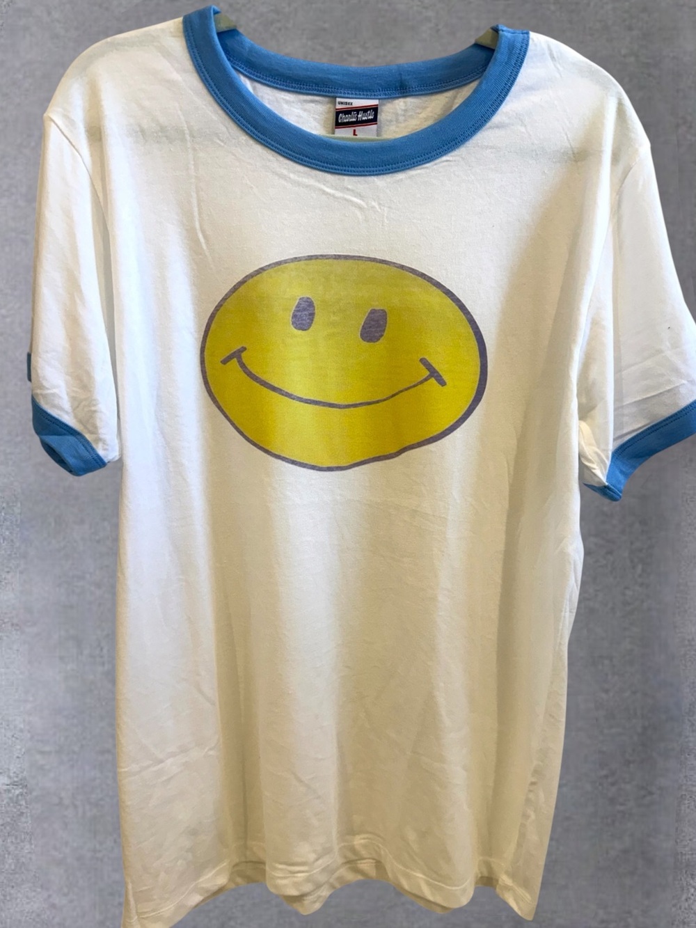 Classic Smiley Ringer Tee - White with Blue Trim